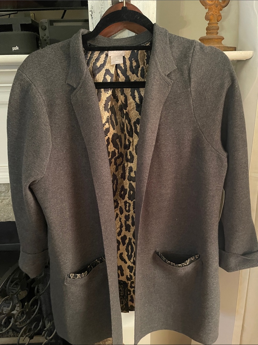 Chico’s Women's Gray Open Front Coatigan with Leopard Lining- LARGE - NWT